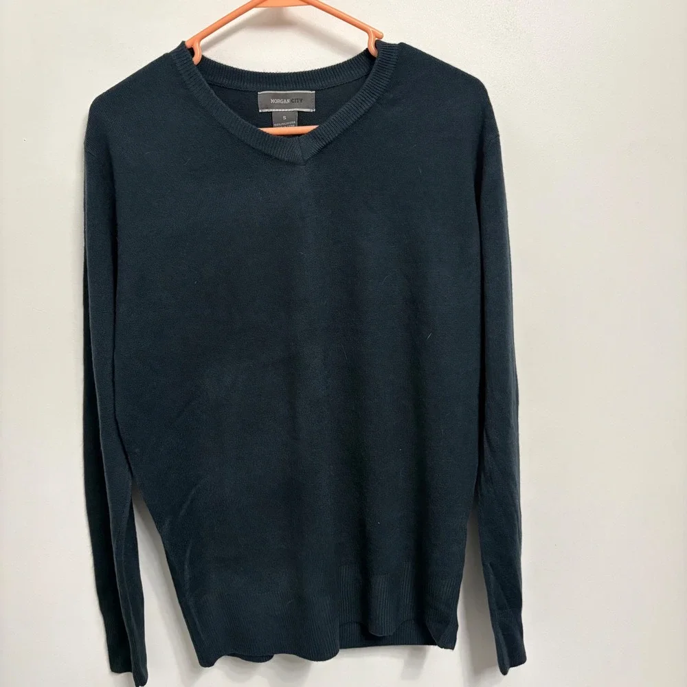 Morgan City Mens V-Neck Sweater Small Dark Teal Green Long Sleeve Knit Pullover